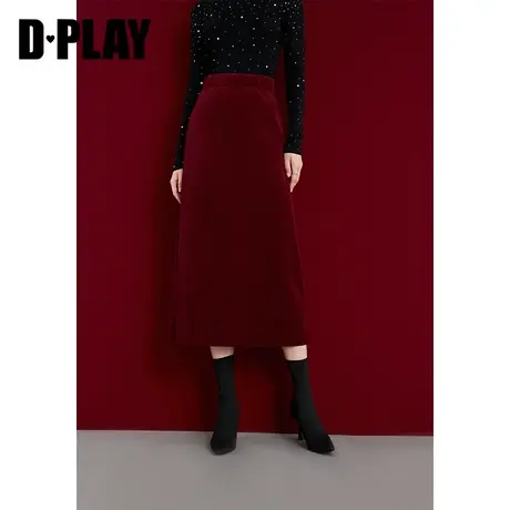 DPLAY 秋冬新款红色灯芯绒后开衩半身裙半裙复古通勤直筒裙女图片