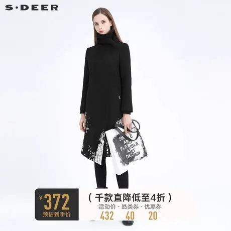 sdeer圣迪奥不规则领时尚撞色印花斜襟长款毛呢大衣女S20481838👈商品大图