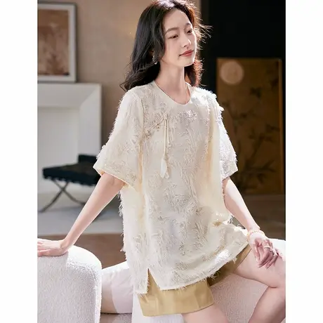 宝诗黎圆领亮片镂空短袖T恤2025夏季时尚气质宽松百搭套头上衣女商品大图