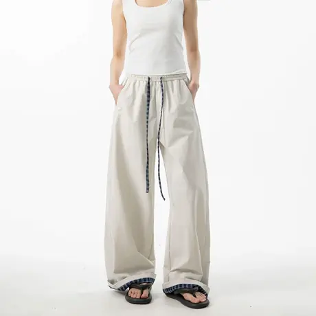 直筒格纹抽绳运动阔腿裤女2025夏季新款高街百搭宽松休闲拖地长裤商品大图