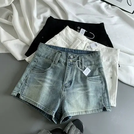 韩版简约时尚高腰牛仔短裤女春季新款弹力包臀修身a字阔腿热裤潮商品大图