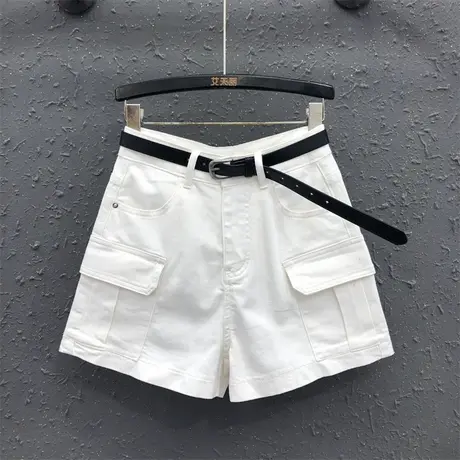 潮流大口袋工装牛仔短裤女2025夏季新款宽松显瘦休闲白色阔腿热裤商品大图