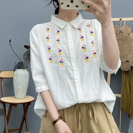 夏季森系文艺双层棉纱刺绣花中袖女士衬衫宽松百搭休闲七分袖上衣商品大图