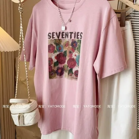 2025夏季新款韩版时尚减龄花朵印花宽松显瘦圆领短袖T恤女上衣潮商品大图