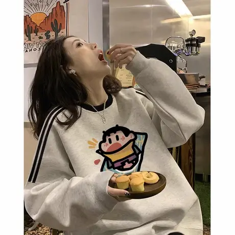 春秋韩版chic三条杠卫衣女胖mm大码宽松显瘦ins潮正肩薄外套上衣商品大图