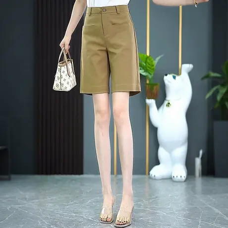 卡其色休闲窄版直筒短裤2025夏季高腰轻薄阔腿裤宽松百搭五分裤商品大图