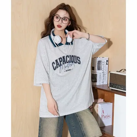 唐狮夏季新款短袖polo衫女藏青t恤宽松百搭别致美式学院风官方图片