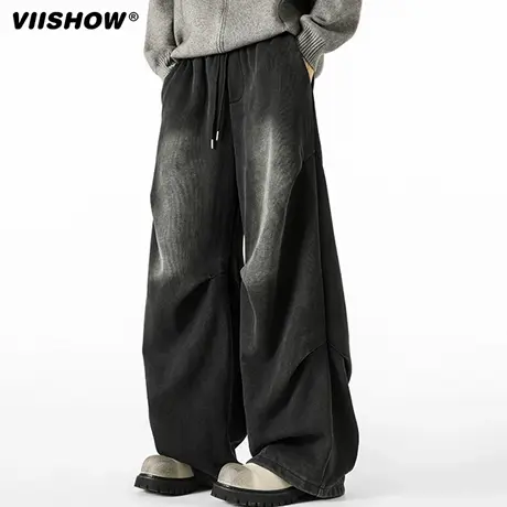 VIISHOW美式水洗做旧卫裤男春季潮牌拼接阔腿裤高街潮牌休闲裤子商品大图