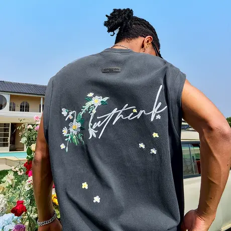 Nuthink刺绣花卉字母背心美式复古潮牌宽松无袖男女2025夏季新款图片