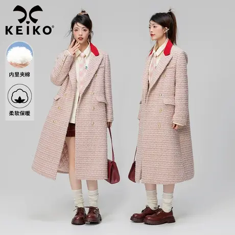 KEIKO 嵌丝格子粗花呢大衣女绗缝夹棉2024秋冬高级感毛呢外套加厚商品大图