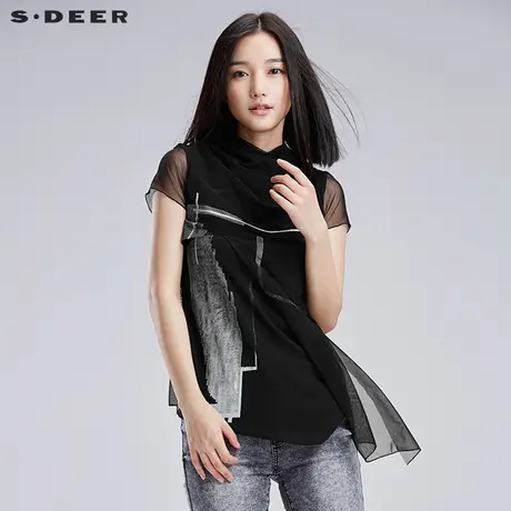 s.deer【新品】圣迪奥女装街头抽象印花双层短袖T恤S16280134图片