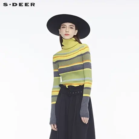 sdeer圣迪奥2019春冬新品多彩撞色拼接针织面料高领毛衣S18483585图片