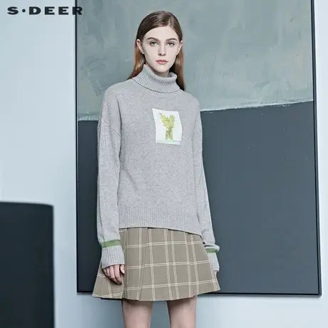 sdeer圣迪奥冬装高领印花开衩柔软宽松针织衫毛衣女S20463511图片