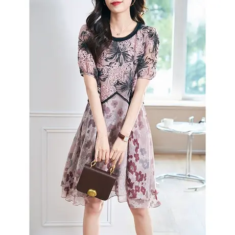 宝诗黎圆领印花蕾丝拼接宽松中长裙女装2025夏新款短袖雪纺连衣裙商品大图