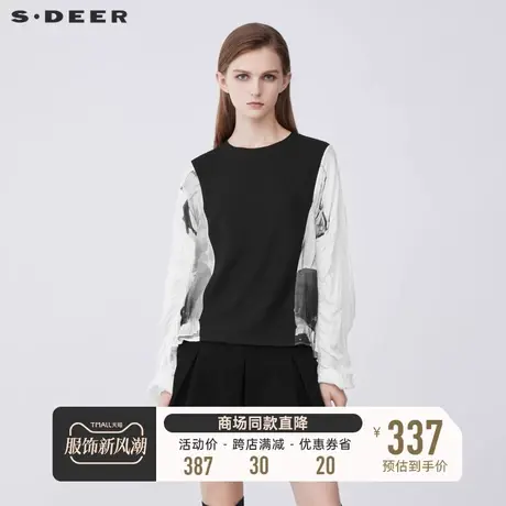 sdeer圣迪奥秋休闲圆领针织拼接晕染泡泡袖T恤S21380213图片