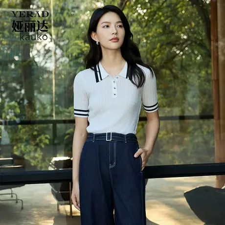 娅丽达商场同款撞色短袖polo衫夏薄款针织T恤女休闲翻领亚麻上衣图片