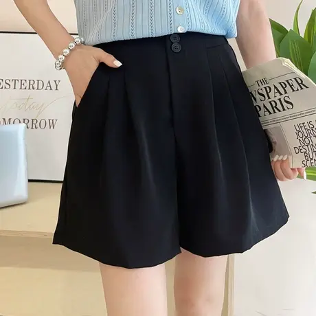 高腰松紧腰西装短裤女夏薄款a字褶皱遮肉显瘦外穿阔腿休闲短裤女图片