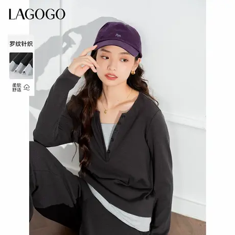 LAGOGO假两件长袖T恤女拉谷谷2024年春秋新款女休闲针织运动套装商品大图