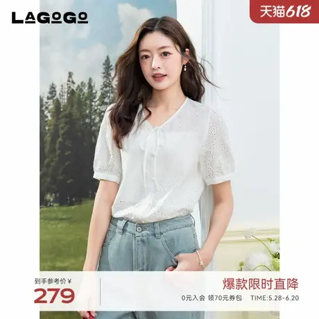 LAGOGO纯棉镂空绣花短袖上衣女拉谷谷2025年夏季新款设计感白小衫商品大图