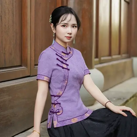 筠雅夏季新款唐装上衣女新中式国风改良年轻款复古斜襟短袖25J247商品大图