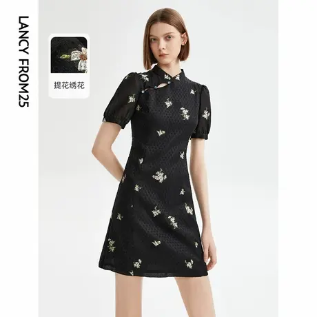 朗姿新中式复古碎花黑色旗袍裙短裙气质显瘦高级感连衣裙夏季新款商品大图