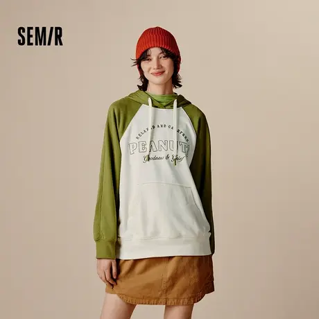 森马卫衣女中长款撞色插肩袖连帽秋美式复古oversize刺绣字母上衣图片