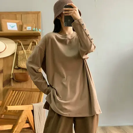 dza 复古长袖纽扣德绒打底衫女秋冬洋气内搭T恤宽松显瘦纯色上衣图片