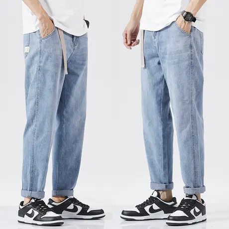 汉斯卡浅蓝色九分牛仔裤男夏季薄款宽松直筒弹力水洗工装长裤子男商品大图