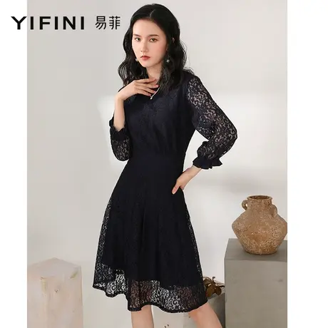 Yifini/易菲性感蕾丝拼接连衣裙女秋新款女装长袖中长款裙子商品大图