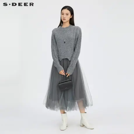 【直播间专属】sdeer圣迪奥女装圆领网纱针织两件连衣裙S211Z1203商品大图