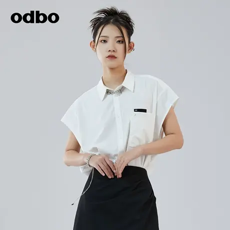 odbo/欧迪比欧原创设计宽肩抹袖白色衬衫女宽松显瘦百搭气质衬衣图片