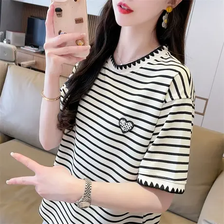 短袖t恤女2024新款夏季韩版宽松大码女装条纹小个子设计感上衣服图片