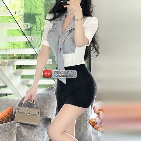 VJE夏季职业条纹拼接修身设计感上衣新款气质通勤显瘦衬衫图片