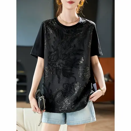 宝诗黎圆领亮片拼接短袖T恤女2025夏季新款洋气百搭黑色休闲上衣商品大图
