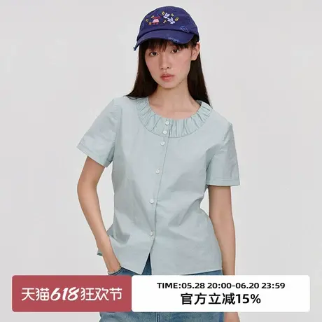 omont蛋挞家复古正肩收腰显瘦短袖衬衫2025夏圆领设计感宽松上衣商品大图