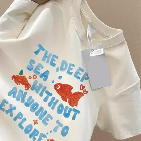 日系复古杏色短袖t恤女2025春新款小金鱼印花半袖百搭显瘦夏上衣商品大图