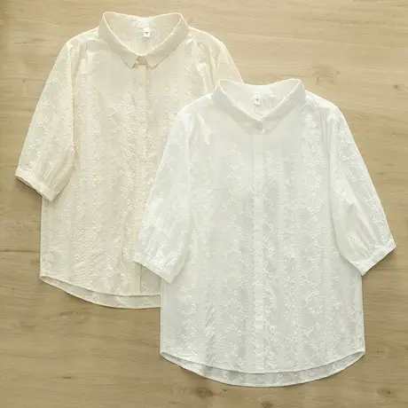 夏季韩版文艺纯棉刺绣花朵中袖衬衫女宽松休闲百搭五分袖上衣小衫商品大图