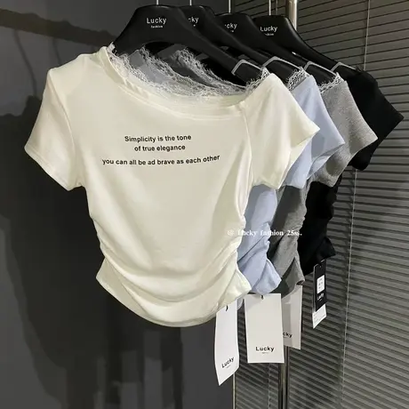 十三行2025夏季新款韩版百搭斜肩蕾丝花边短袖T恤女修身短款上衣商品大图