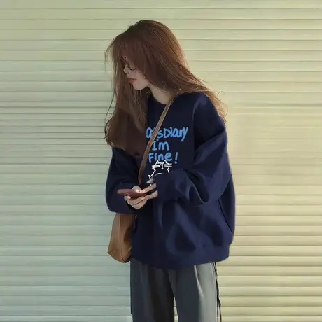 美式复古chic蓝色正肩卫衣女大码宽松情侣装上衣ins秋冬加绒外套商品大图