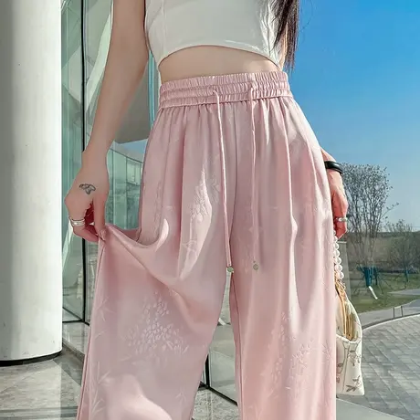 国风冰丝缎面提花新中式阔腿裤女夏季薄款高腰宽松醋酸冰丝拖地裤商品大图