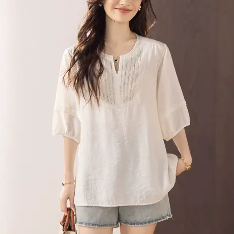 衬衫女短袖夏季新款加肥加大码女装宽松洋气重工钉珠百搭休闲衬衣商品大图