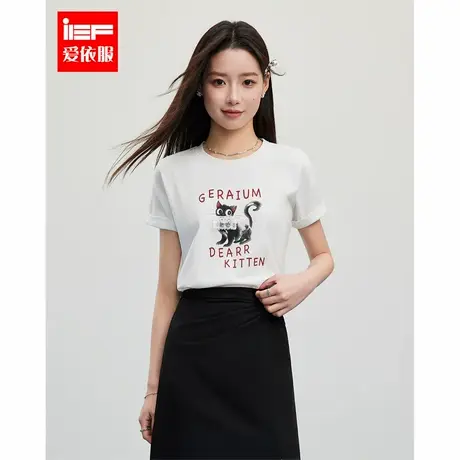 IEF/爱依服短袖上衣2025夏季新款韩系风通勤气质百搭猫咪印花T恤商品大图