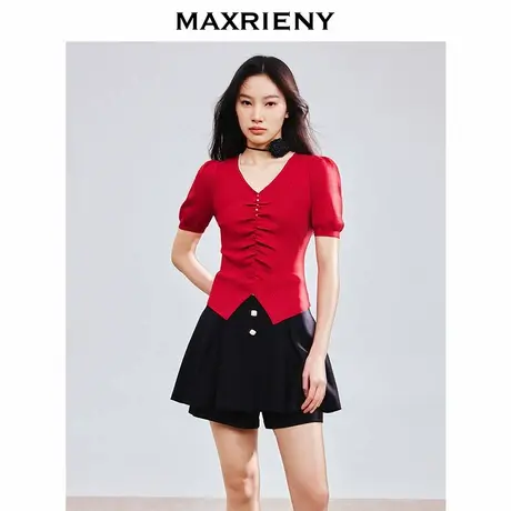 【奥莱】MAXRIENY红色泡泡袖复古精致收腰毛衫图片