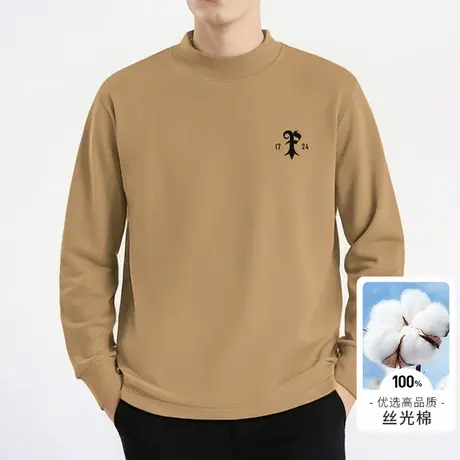 重磅丝光棉t恤男长袖半高领内搭打底衫全棉体恤中领小衫纯棉秋衣商品大图