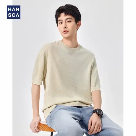 hansca 亚麻混纺针织短袖t恤男2025夏季老钱风天丝莱赛尔透气上衣商品大图
