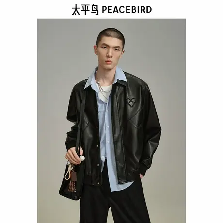 【商场同款】太平鸟男装PU皮夹克新款翻领刺绣休闲外套B2BCF1102图片