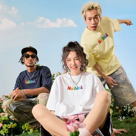 Nuthink多巴胺刺绣字母短袖T恤美式复古彩虹色情侣男女2025夏新款图片