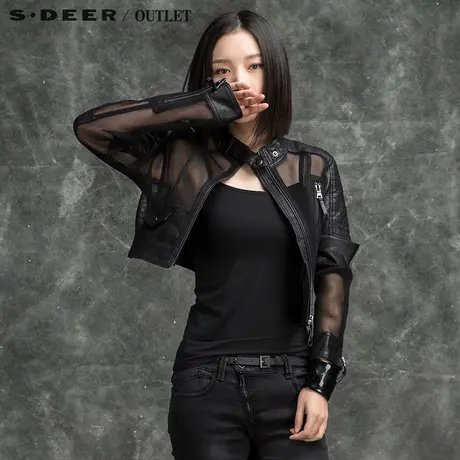 sdeer圣迪奥女装秋装酷帅街头网眼皮质拼接机车短款外套S16182265图片