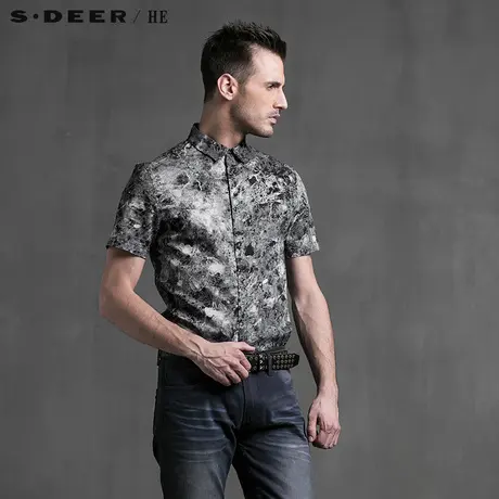 sdeerhe圣迪奥男装夏装都市时尚个性纯棉印花短袖衬衫男H15270453图片