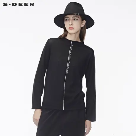 sdeer圣迪奥2018冬装新款撞色字母自然卷边圆领薄款毛衣S18463583图片
